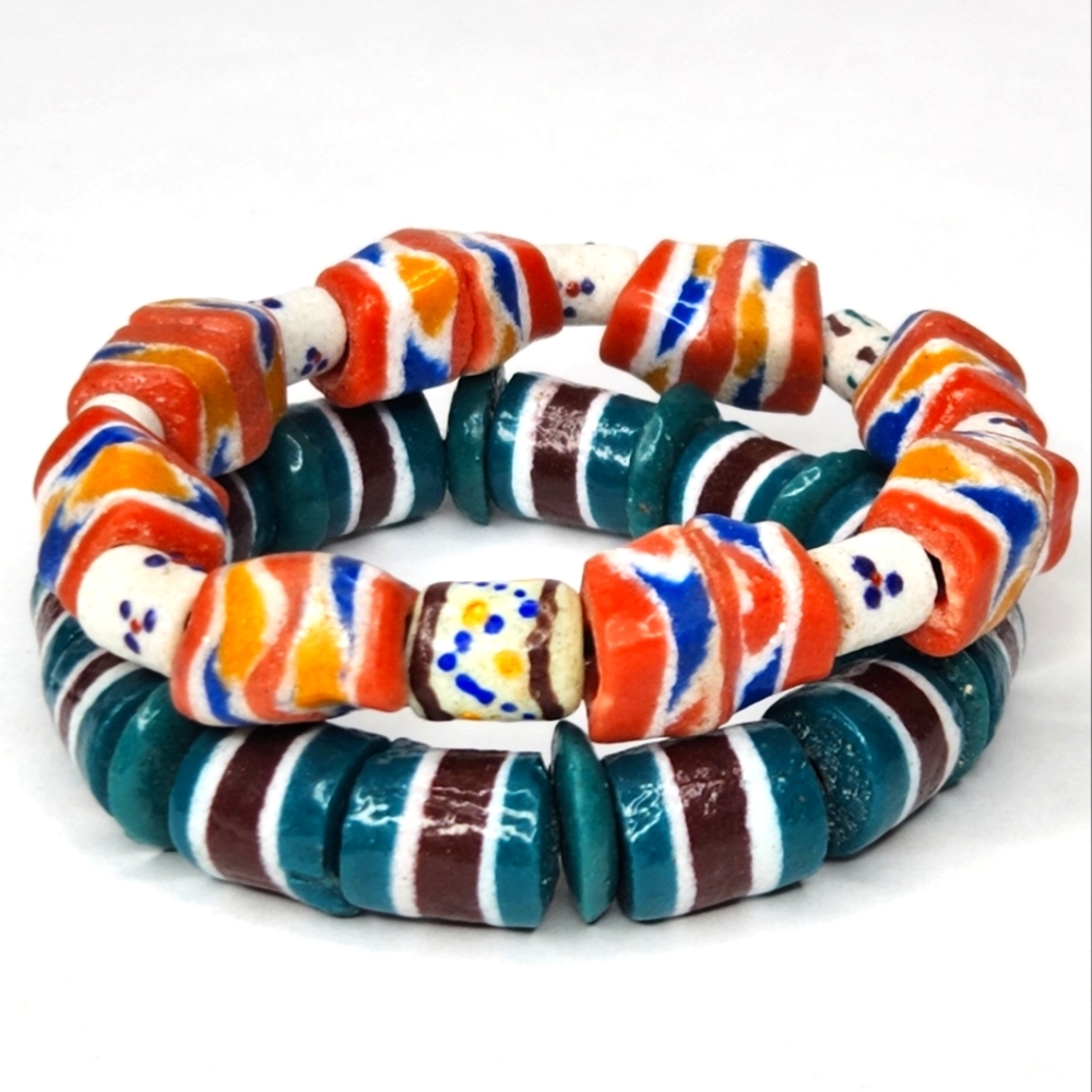 Vintage Glass/Clay Stretch Bracelets Colorful Bohemian Aztec Mosaic